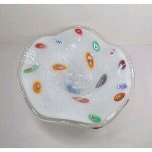 Vintage Lg Lavorazione Murano Millefiori White Glass CenterPiece Bowl Italy 10"